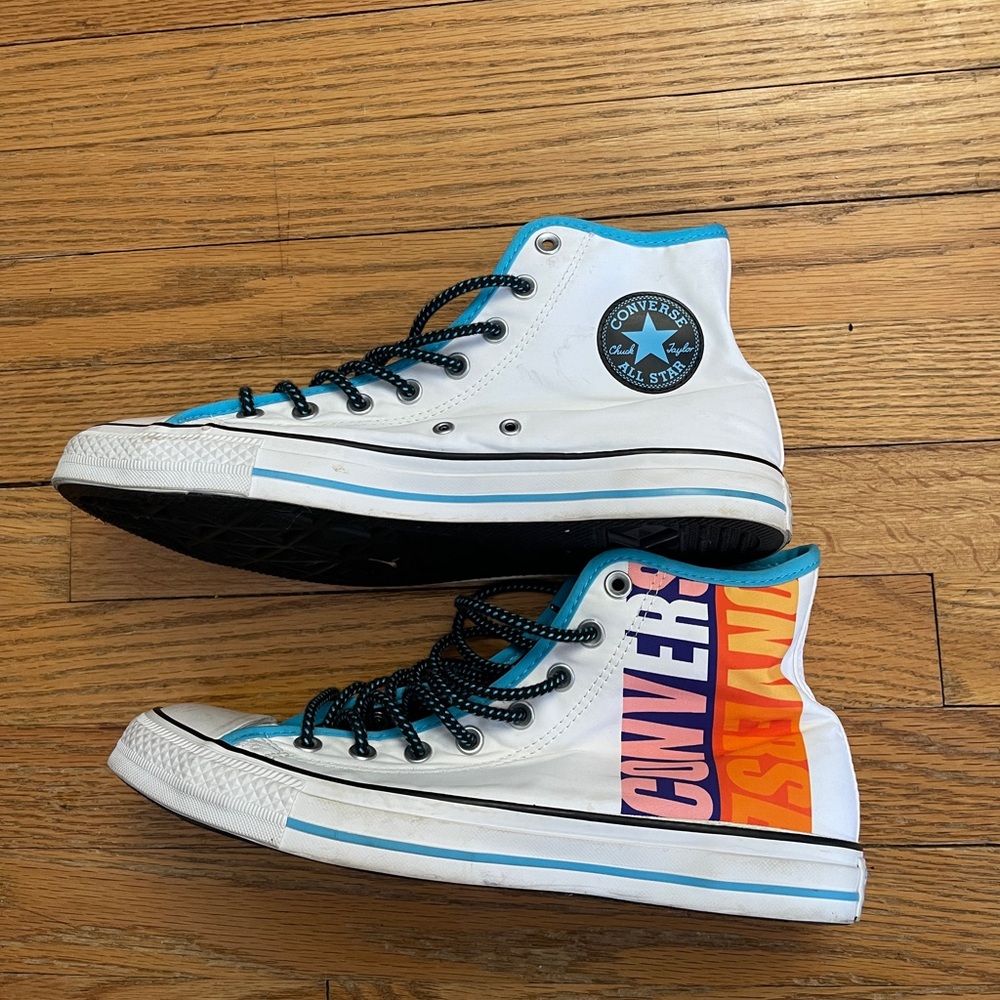 Men’s 10.5 Converse High-Top Sneakers - White with Blue and Multicolor Accents